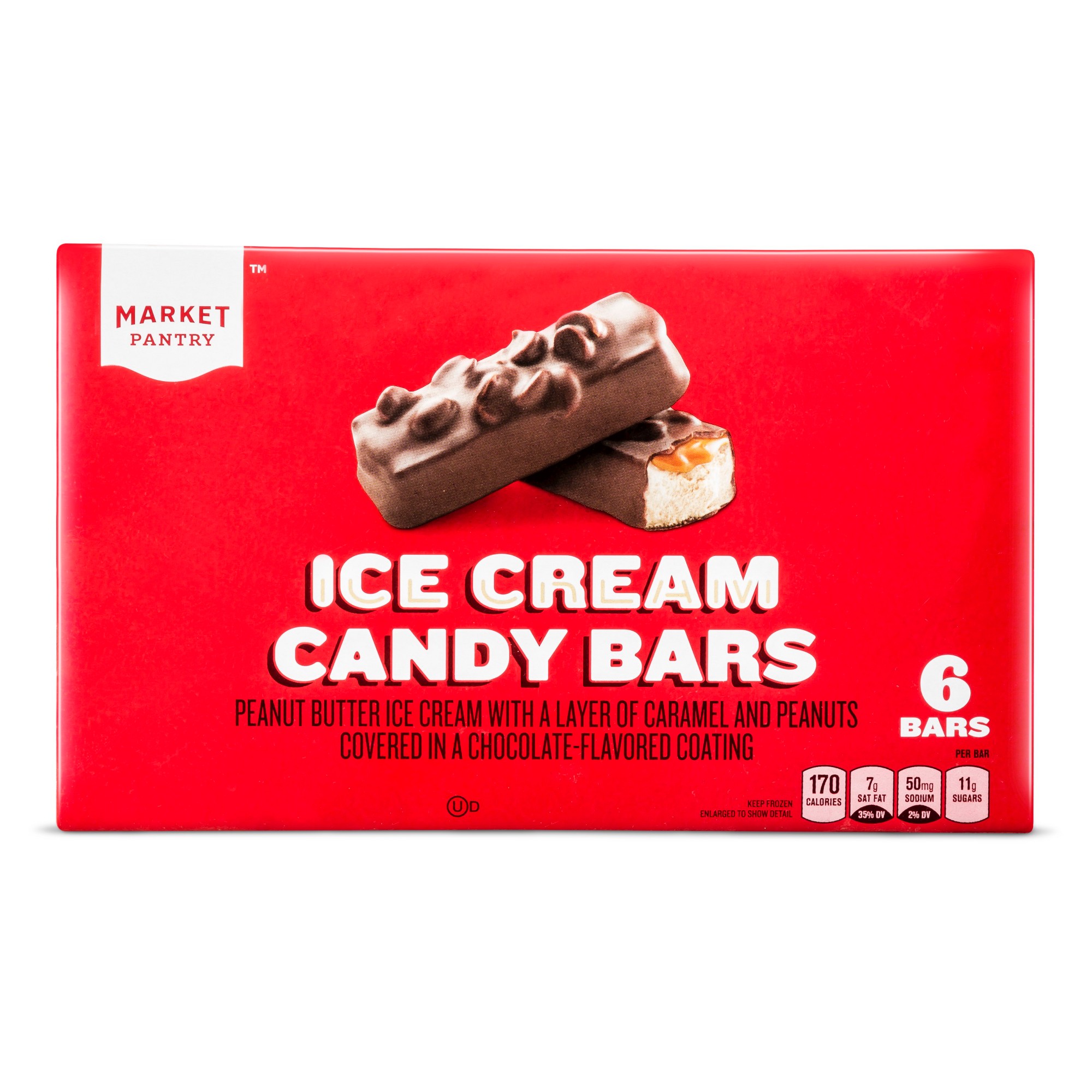 Peanut Butter Ice Cream with a Layer of Caramel and Peanuts Covered in a Chocolate-flavored Coating Candy Bars, Ice Cream thumbnail