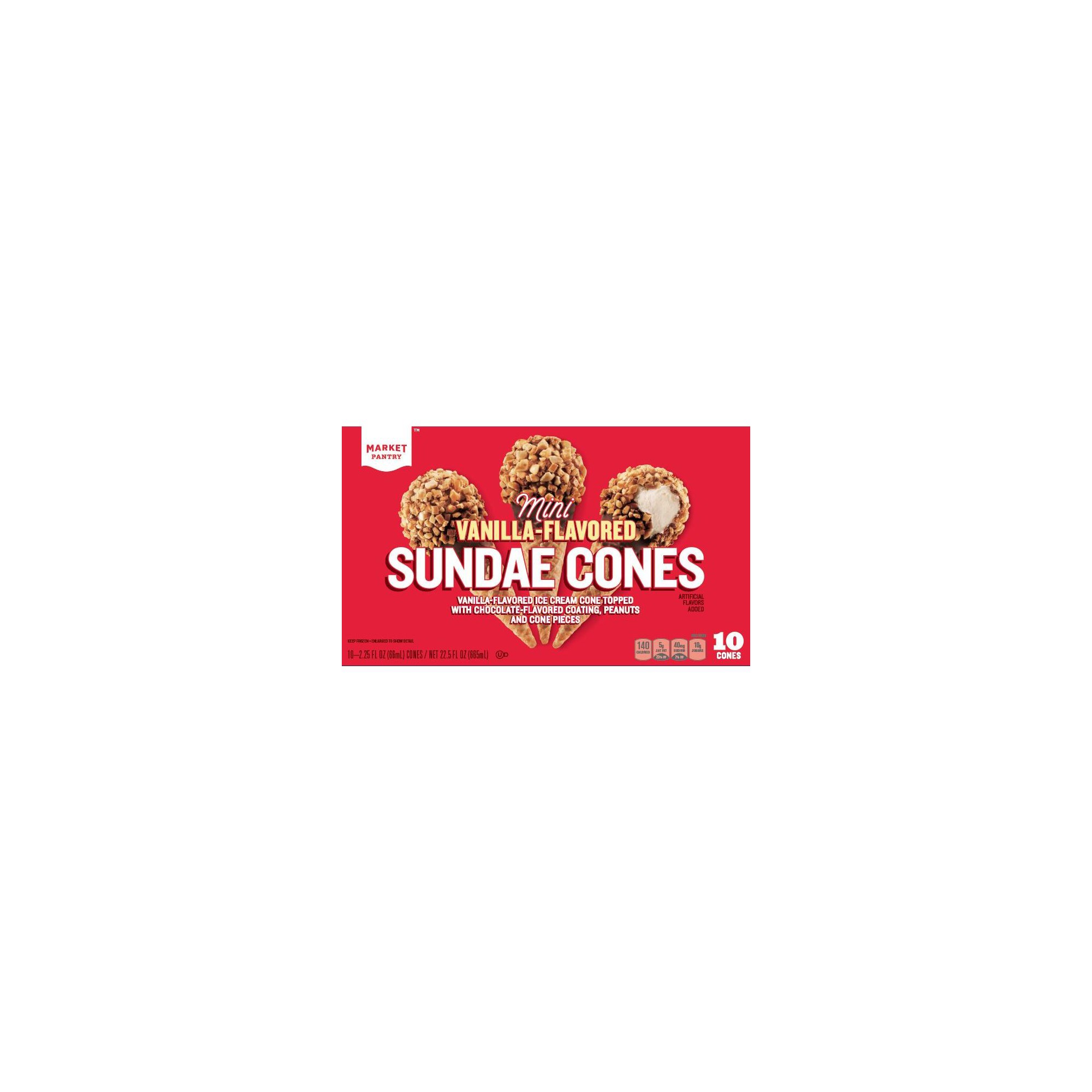 Vanilla Ice Cream Cone Topped with Chocolate-flavored Coating, Peanuts and Mini Sundae Cone Pieces thumbnail