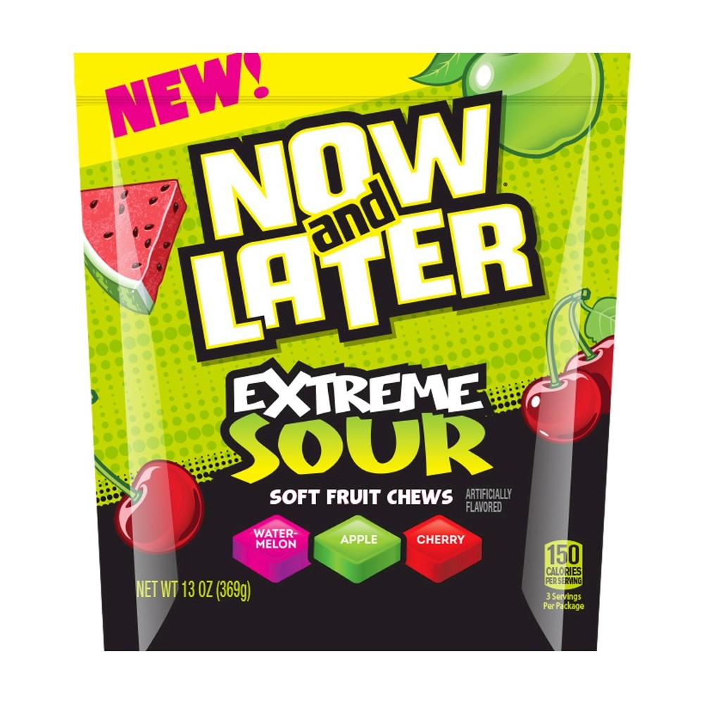 Now and Later, Extreme Sour Soft Fruit Chews Candy, Watermelon, Apple, Cherry