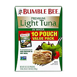 Bumble Bee Light Tuna in Water  Wild Caught  Gluten Free  16g Protein per Serving  Shelf Stable Pouch  2.5 Oz  Pack of 10