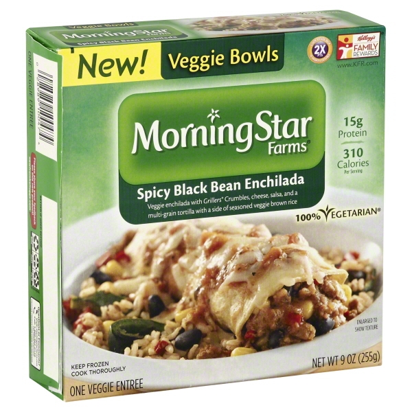 SPICY BLACK BEAN ENCHILADA VEGGIE ENCHILADA WITH GRILLERS CRUMBLES, CHEESE AND SALSA IN A CORN TORTILLA WITH A SIDE OF SEASONED VEGGIE BROWN RICE VEGGIE BOWLS, SPICY BLACK BEAN ENCHILADA