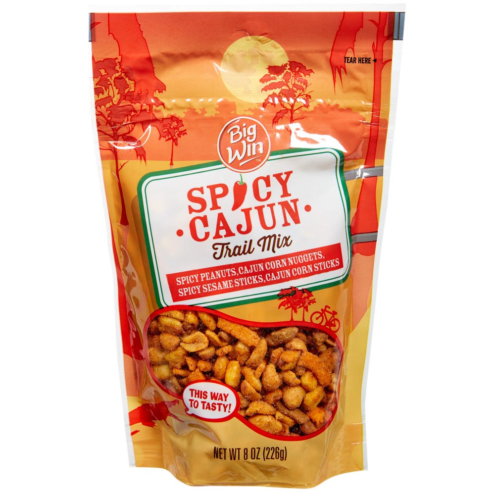 SPICY CAJUN SPICY PEANUTS, CAJUN CORN NUGGETS, SPICY SESAME STICKS.CAJUN CORN STICKS TRAIL MIX, SPICY CAJUN