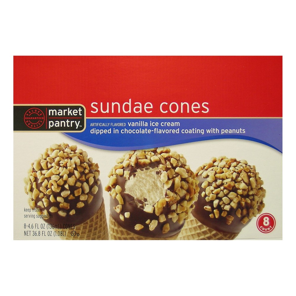 Vanilla-flavored Ice Cream Dipped in a Chocolate-flavored Coating with Peanuts Sundae Cones