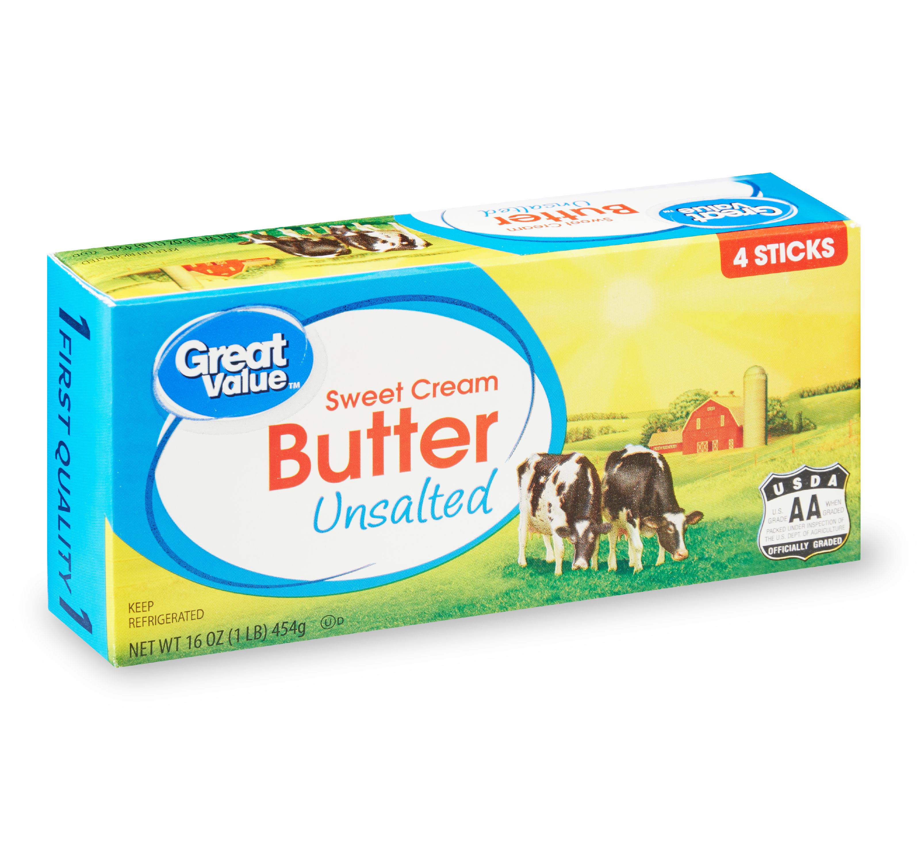 Great Value Sweet Cream Unsalted Butter Sticks, 16 Oz, 4 Count