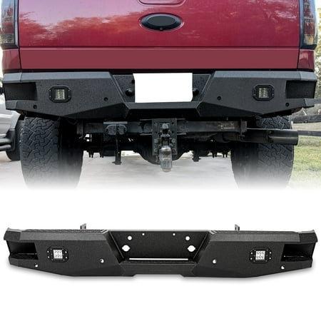 Kojem Rear Bumper for Ford Super Duty F250 F350 1999 2000 01 02 03 04 05 06 07 08 09 2010 11 12 13 14 15 2016 Off-road with 2 LED Lights Powder Coated
