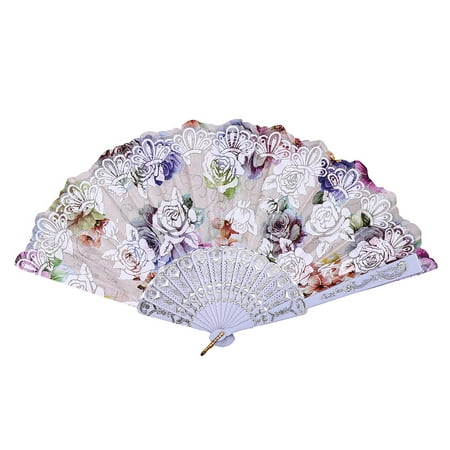 FNGZ Fans Clearance Promo Best Chinese Style Dance Wedding Party Lace Silk Folding Hand Held Flower Fan White