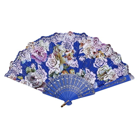FNGZ Fans Clearance Promo Best Chinese Style Dance Wedding Party Lace Silk Folding Hand Held Flower Fan Blue