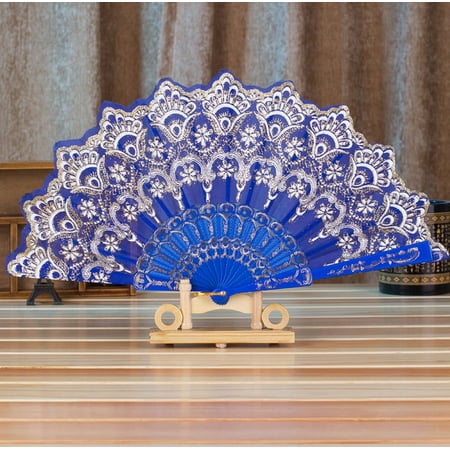 FNGZ Paper Fans Set Clearance Promo Chinese Style Dance Wedding Party Lace Silk Folding Hand Held Flower Fan Blue Blue