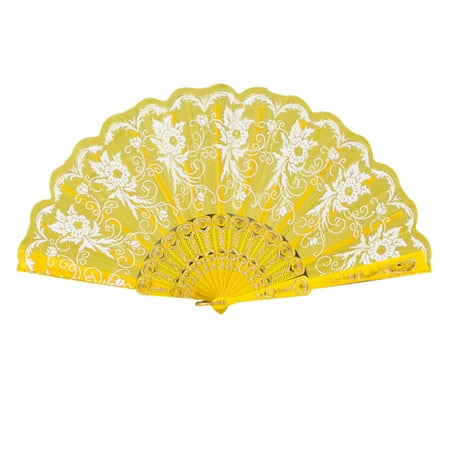 FNGZ Paper Fans Set Clearance Promo Chinese Style Dance Wedding Party Lace Silk Folding Hand Held Flower Fan Yellow Yellow