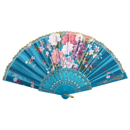FNGZ Fans Clearance Promo Best Chinese Style Dance Wedding Party Lace Silk Folding Hand Held Flower Fan Sky Blue