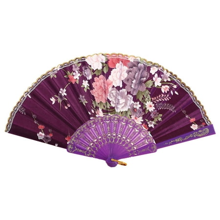 FNGZ Fans Clearance Promo Best Chinese Style Dance Wedding Party Lace Silk Folding Hand Held Flower Fan Purple