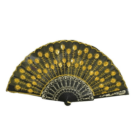 FNGZ Fans Clearance Promo Best Chinese Style Dance Wedding Party Lace Silk Folding Hand Held Flower Fan Yellow