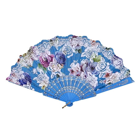 FNGZ Fans Clearance Promo Best Chinese Style Dance Wedding Party Lace Silk Folding Hand Held Flower Fan Sky Blue