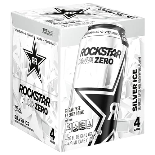 Rockstar Pure Zero Sugar Energy Drink Silver Ice Grapefruit Flavor  16 Fl Oz  4 Pack Cans