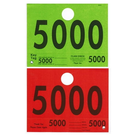 Numbered Auto ID Tag W Hang Slit and Claim Check  5-1/4  X 6-1/2   Red/Green Duplex Stock  Black Print (5000-5999) - Box of 1 000