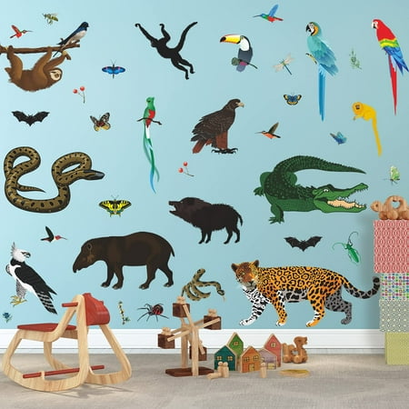 RW-4964 3D Jungle Animals Wall Decals Cartoon Wild Safari Animals Wall Stickers DIY Removable Monkey Leopard Crocodile Snake Birds Butterfly Animals W
