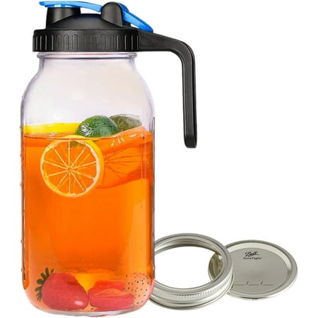 64 OZ Jar Pitcher Wide Mouth 64 Oz Jar Pitcher with Airtight Lid and Metal Lid and Band - 2 Quart Pitcher for Iced Tea  Sun Tea  Juice  Coffee (Blue)