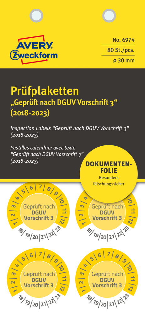 Prüfplakette Geprüft Nach Dguv Vorschrift 3 18-23, NoPeel, 030mm, Gelb