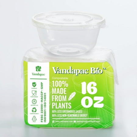 Premium Compostable Food Cups with Lids - 16 Oz  10 Sets for Liquid and Ice Cream