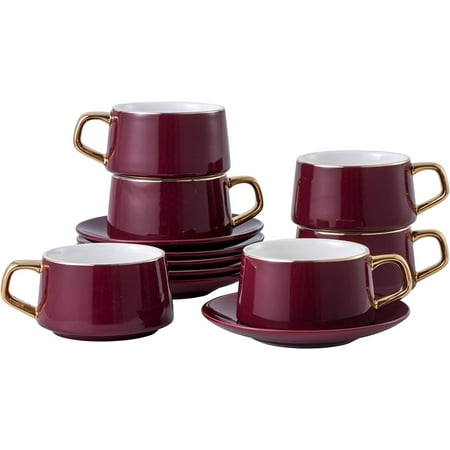 Set of 6 (8.5 Oz) Cups and Saucers with Trim and Gift Box  Luxury Tea Cup Set  Esspresso Cup  Cappuccino Cups  British Tea Set  Porcelain Tea Cups  La