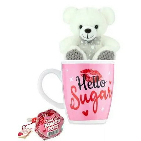 Valentine’s Day Jumbo Mug Set  Hello Sugar Lips with White Plush & Tootsie Cherry Pops