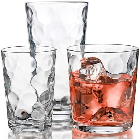 Glassware Set 18 Piece Mixed Drinkware. Set of 6 Glass Tumblers 17 Oz.  Set of 6 Rock 13 Oz. and Set of 6 Juice 7 Oz Glass Cups Drinking Glasses.