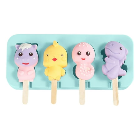 CLZOUD Popsicles Molds 4-Cavity Silicone Ice Cream Animals Shapes Mold with Lid Ice Cream Diy Ice Mold