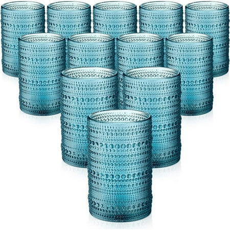 Set of 12 Hobnail 13 Oz Drinking Glasses Vintage Cocktail Glasses Embossed Glass Cups for Drinking  Water  Wine  Beer  Juice  Mixed Beverages (blue)