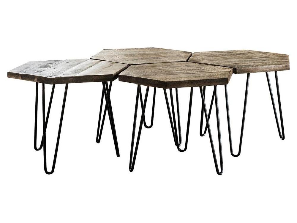 Wohnart24 4er Set Couchtisch Sechseck Grau Antique Mango Massiv 0 50 Cm 2313/16Al