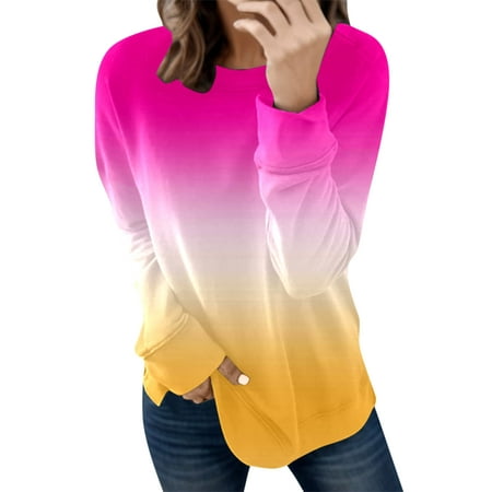 GWAABD Sweatshirts Women Trendy Fall Winter Warm Sweater Casual Fashion Crewneck Pullover Long Sleeve Simple Tunic Tops Gradient Color Print Hoodie Ho