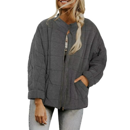 GWAABD Women Jacket Winter Solid Color Stand Collar Cotton Jacket Lightweight Loose Pockets Puffer Coat Solid Color Plaid Outerwear Grey M