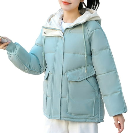GWAABD Coats for Women Mid-Length Winter Warm Puffer Coat Solid Color Cotton Jacket with Drawstring Hood Pockets Windproof Warm Down Outerwear Green S