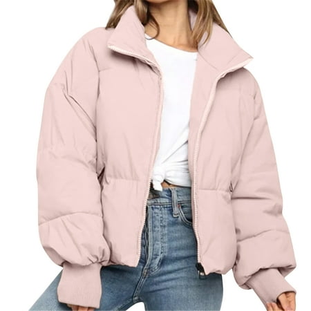 GWAABD Winter Coats for Women Lapel Baggy Warm Puffer Coat Solid Color Full-Zip Thicken Jackets Short Winter Outerwear Pink S