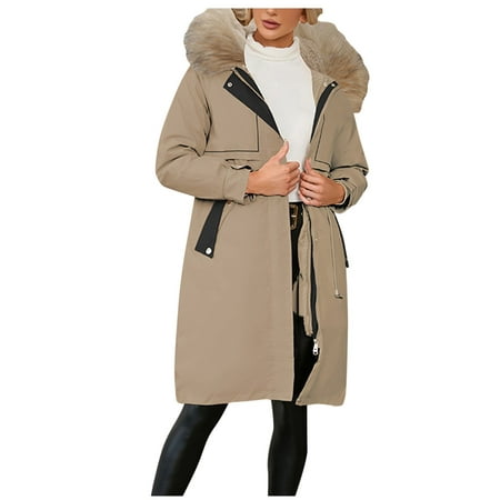 GWAABD Womens Coats Winter Puffer Coat Casual Solid Color Quilted Jacket with Belt Trim Hooded Full-Zip Pocket Loose Slim Fit Outerwear Brown XXL