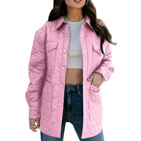 GWAABD Women Winter Coat Cotton Quilted Coat Lightweight Long Sleeve Button Down Jacket Winter Warm with Pockets Outerwear Pink XL