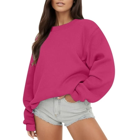 GWAABD Women S Sweatshirt Long Sleeve Loose Sweater Solid Color Comfortable Pullover Crewneck Oversized Blouse Fall Winter Tops Watermelon Red XXL