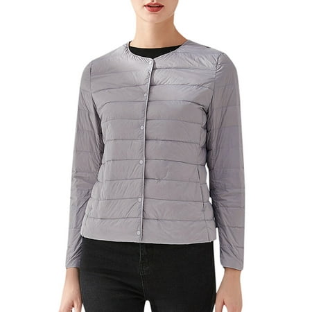 GWAABD Winter Coats Women Solid Color Button Down Padded Coat Round Neck Lightweight Collarless Short Slim Fit Liner Long Sleeve Warm Down Jacket Grey