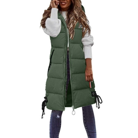 GWAABD Winter Coats for Women Slim Fit Padded Gilet Solid Color Coat with Drawstring Hooded Pockets Puffer Vest Full-Zip Baggy Sleeveless Jacket Long 