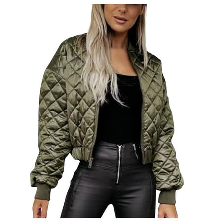GWAABD Womens Warm Winter Coat Cropped Zip Padded Coat Ladies Solid Color Collarless Quilted Jacket with Pockets Solid Color Plaid Outerwear Green XL