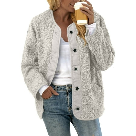 GWAABD Winter Coats Women Coral Velvet Jacket Button Down Padded Coat Long Sleeve Casual Solid Color Cardigan with Pockets White L