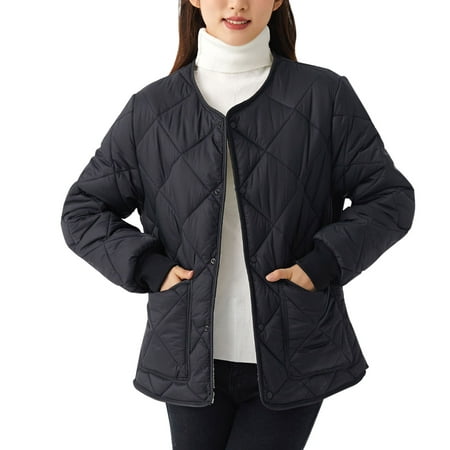 GWAABD Winter Coats for Women Lightweight Solid Color Cotton Quilted Jacket Round Neck Button Down Puffer Padded Coat Plaid Outerwear Black L