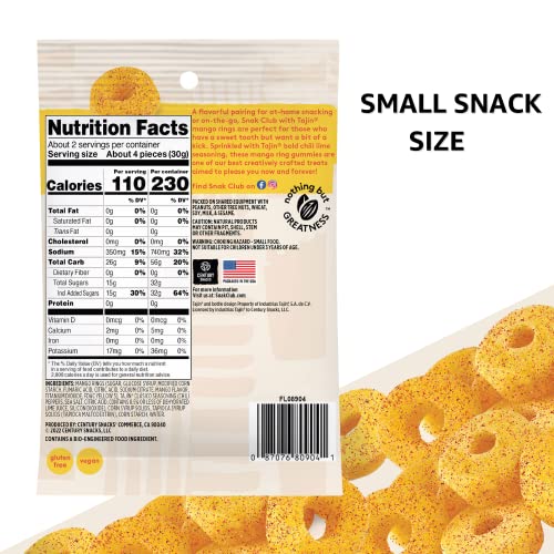 Snak Club Tajin Mango Rings, Chili & Lime Sweet and Spicy Gummy Snacks, Mild in Heat Bold in Flavor, Vegan Gluten-Free Snack, 2.5oz Grab 'n Go Individ thumbnail