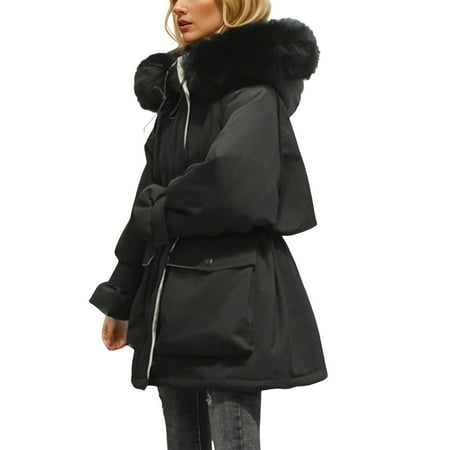 GWAABD Ladies Winter Coats Long Length Thicken Puffer Coat with Trim Hooded Pockets Winter Warm Jacket Windproof Warm Down Outerwear Black XL