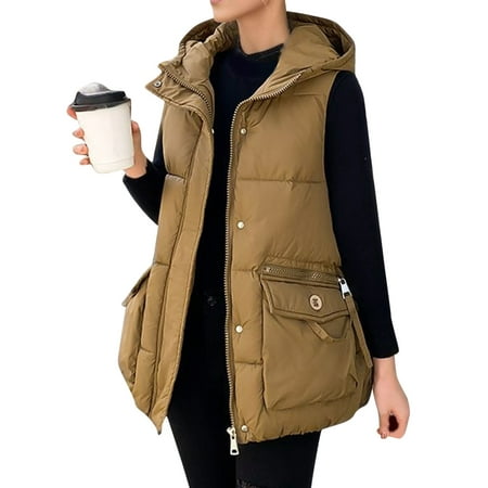 GWAABD Winter Coats for Women 2023 Sleeveless Padded Gilet with Pockets Hooded Full-Zip Overcoat Baggy Cotton Quilted Vest Plus Size Waistcoat Brown X