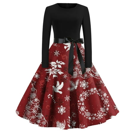 SENDKEEL Women S Christmas Print Flare Dresses Casual Slim Vintage Classic Dress Fashion Long Sleeve 2289 New Year Ound Neck Swing Dress