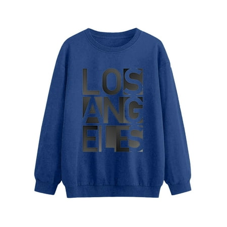CLZOUD Sweatshirts Women Trendy Drop Shoulder Loose Sweater Letter Graphic Print Long Sleeve Pullover Crewneck Fall Winter Hoodie Blue S