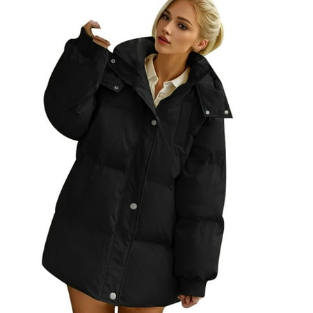 GWAABD Coats for Women Baggy Cotton Quilted Puffer Coat Oversized Padded Jacket with Hooded Mid Length Winter Thickened Outerwear Solid Color Overcoat
