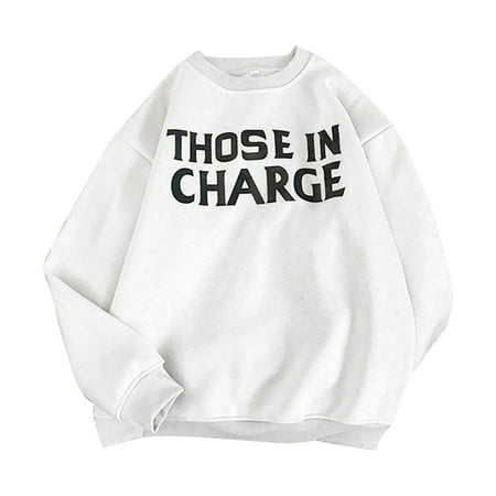 GWAABD Casual Sweatshirts for Women Drop Shoulder Sweater Letter Graphic Print Loose Pullover Casual Round Neck Tunic Tops White M