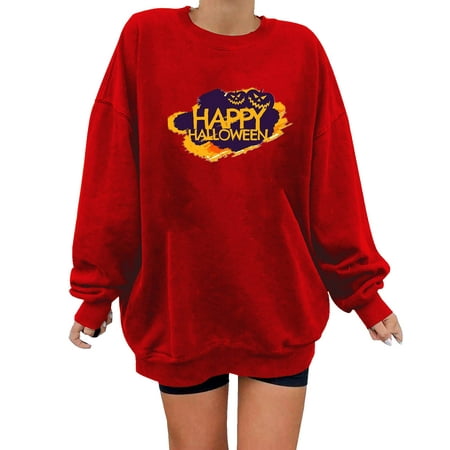 CLZOUD Cozy Shirts for Women Fall Winter Crewneck Sweaters Long Sleeve Blouse Pumpkin Print Round Neck Pullover Casual Drop Shoulder Tops Red XXL
