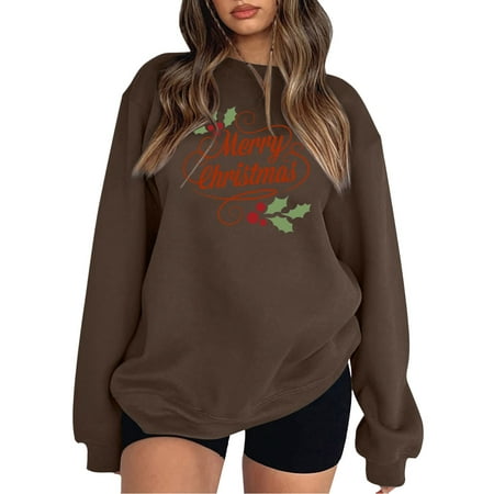 GWAABD Women Oversized Sweatshirt Ladies  Loose Pullover Christmas Letter Print Hoodie Drop Shoulder Sweater Long Sleeve Blouse Coffee XXL